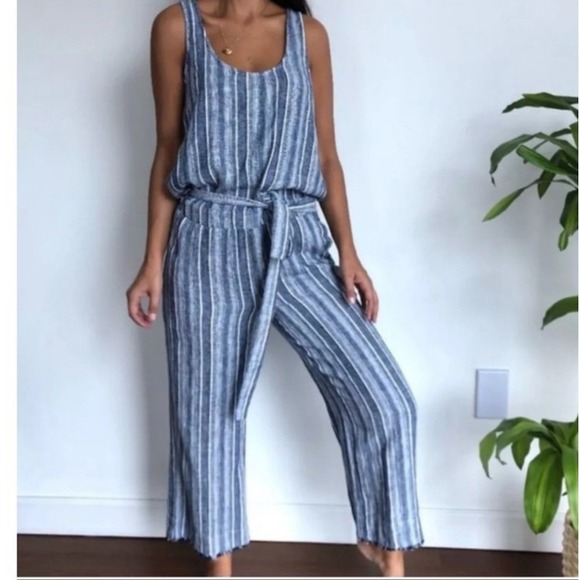 cloth & stone Pants - Cloth & Stone Striped Linen Blend Wide Leg Jumpsuit Belted Cropped Open Back L